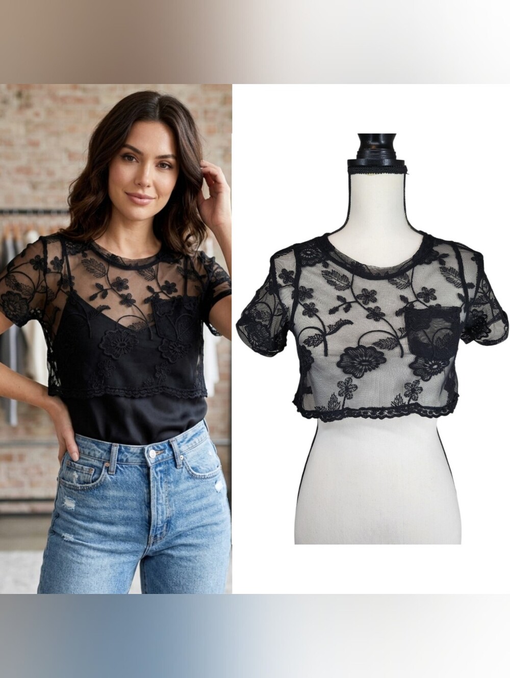 Poof Black Floral Embroidered Sheer Mesh Crop Top Lace Boho Layering Size S